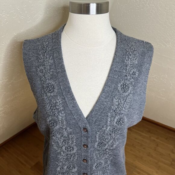 Vintage Rafaella Sweater Vest Size Medium Gray Merino Wool Floral Embroidery - Picture 4 of 11